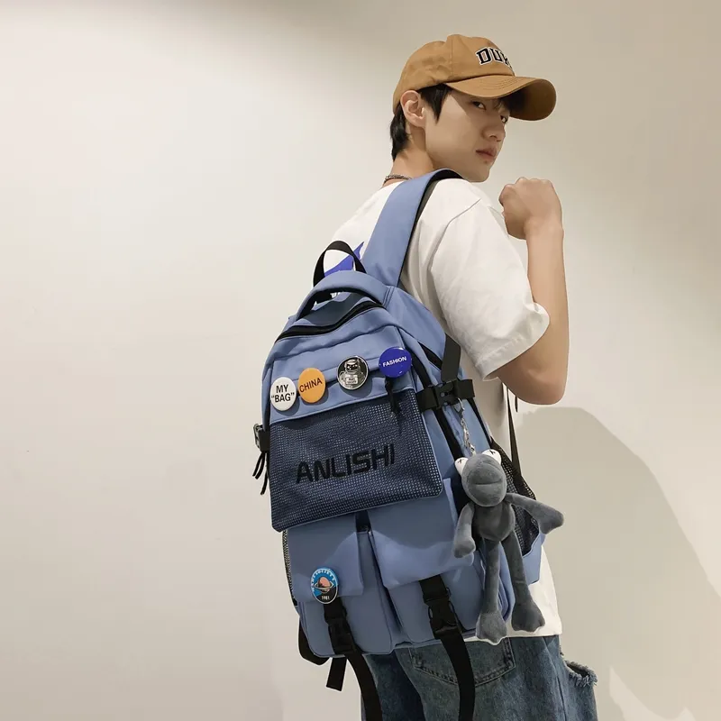 Single Warehouse Nylon Backpack Unisex Black/White/Blue/Gray-10