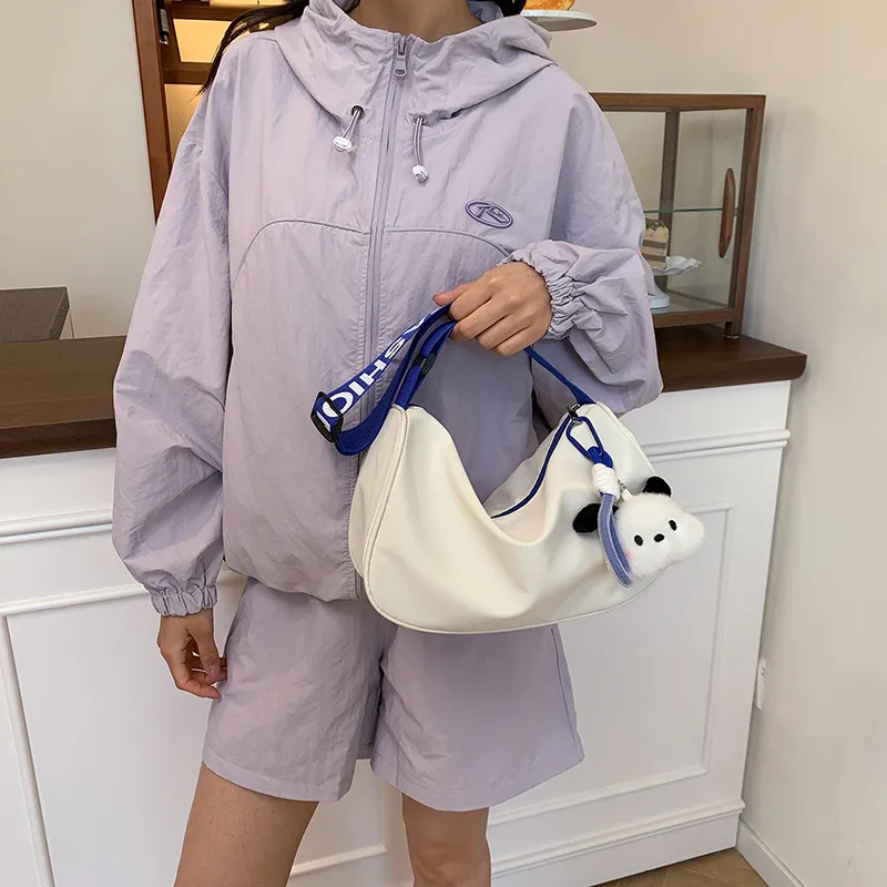 Single Warehouse Polyester Shoulder Bag Unisex White & Blue/White & Black/Black-3
