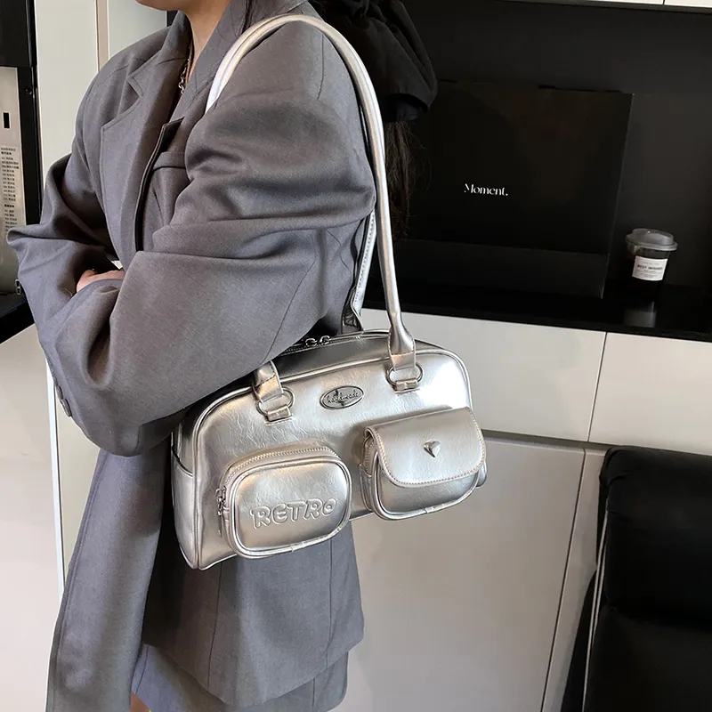 Single Warehouse PU Shoulder Bag Regular Women's Silver/Black/Blue-3