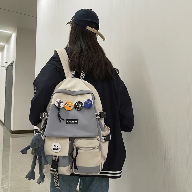 Single Warehouse Nylon Backpack Unisex Gray/Blue/Black & White/Black-2