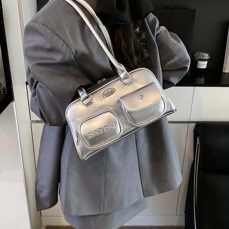 Single Warehouse PU Shoulder Bag Regular Women's Silver/Black/Blue-4