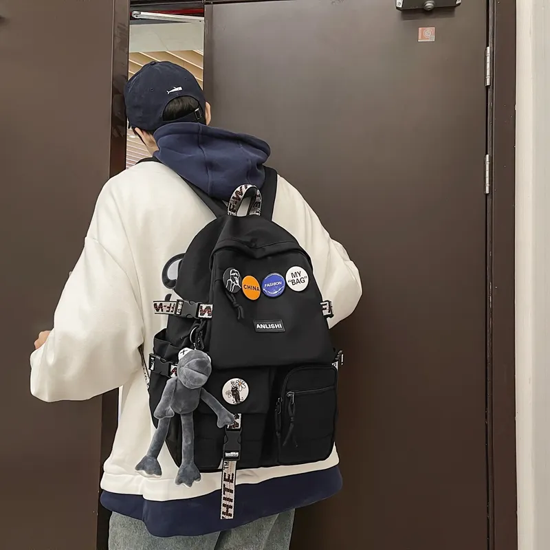 Single Warehouse Nylon Backpack Unisex Gray/Blue/Black & White/Black-24