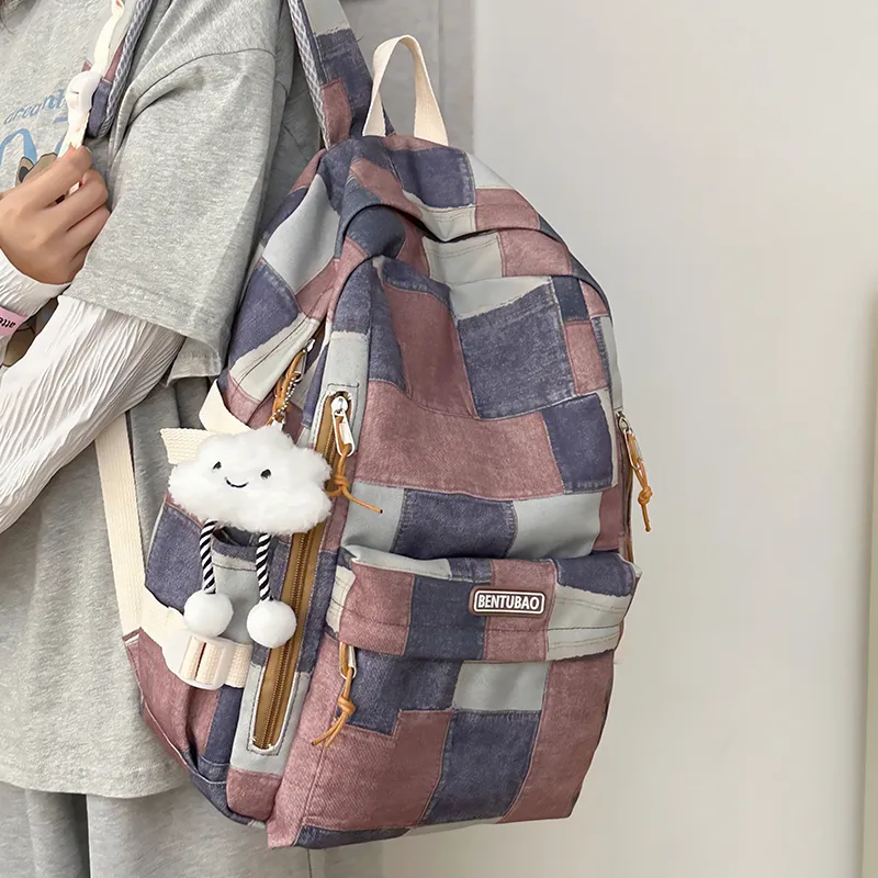 Single Warehouse Denim Backpack Travel Bag Regular Women's Pink/Dark Brown/Blue-12