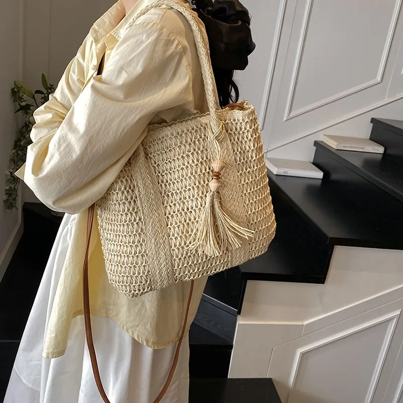 Single Warehouse Straw Woven Portable Crossbody Bag, Shoulder Bag Women's Khaki/Ecru-4