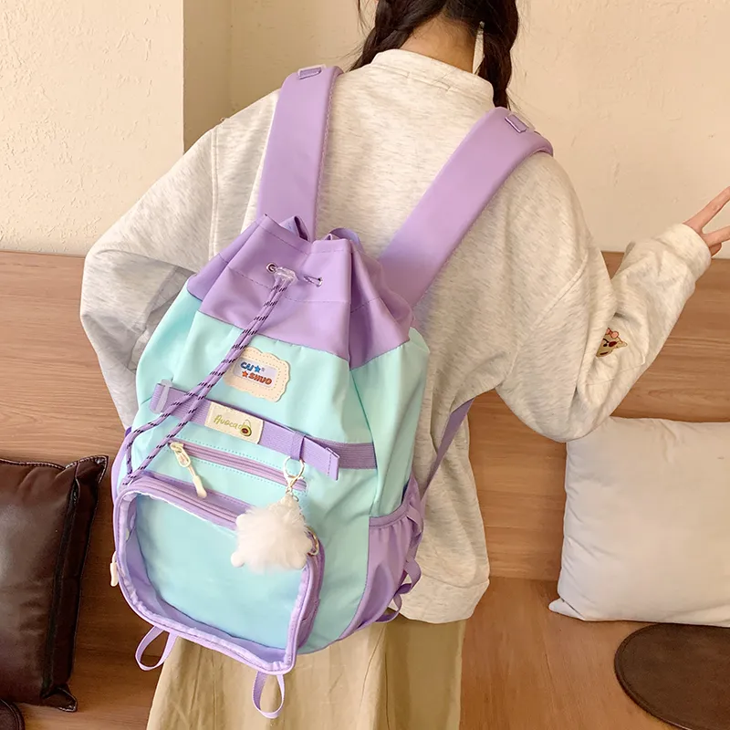 Single Warehouse Nylon Fabric Backpack Women's Blue/Yellow/Pea Green-1
