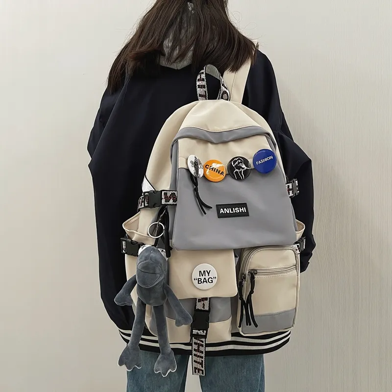 Single Warehouse Nylon Backpack Unisex Gray/Blue/Black & White/Black-1