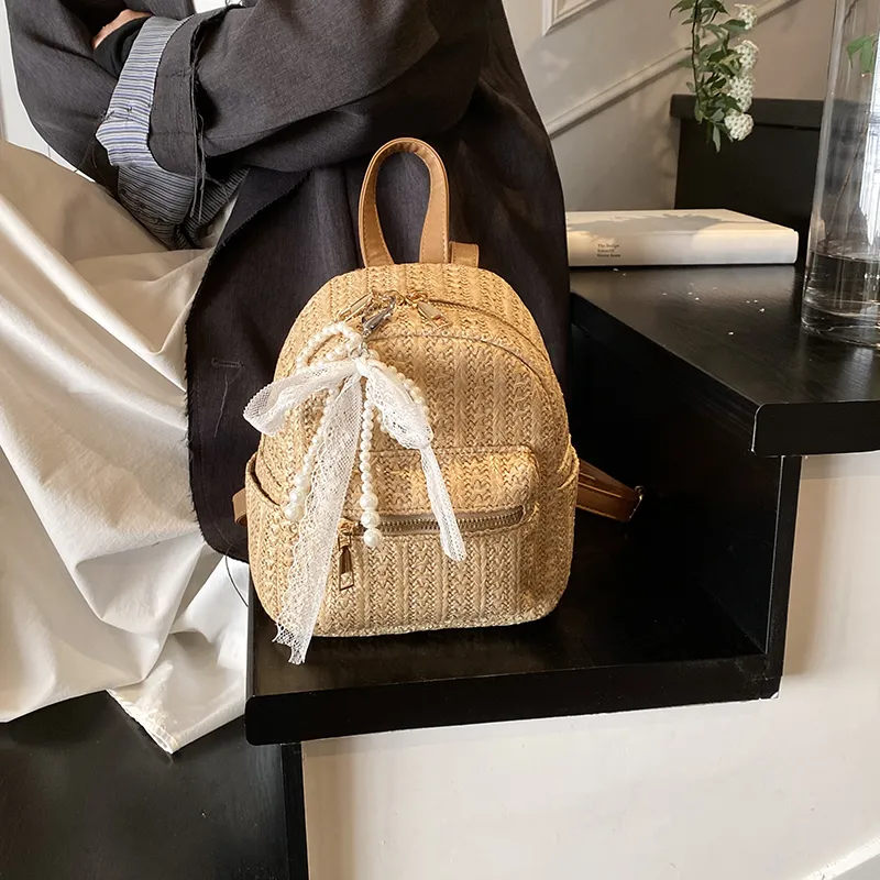 Single Warehouse PU Straw Woven Backpack Women's Ecru/Khaki-10