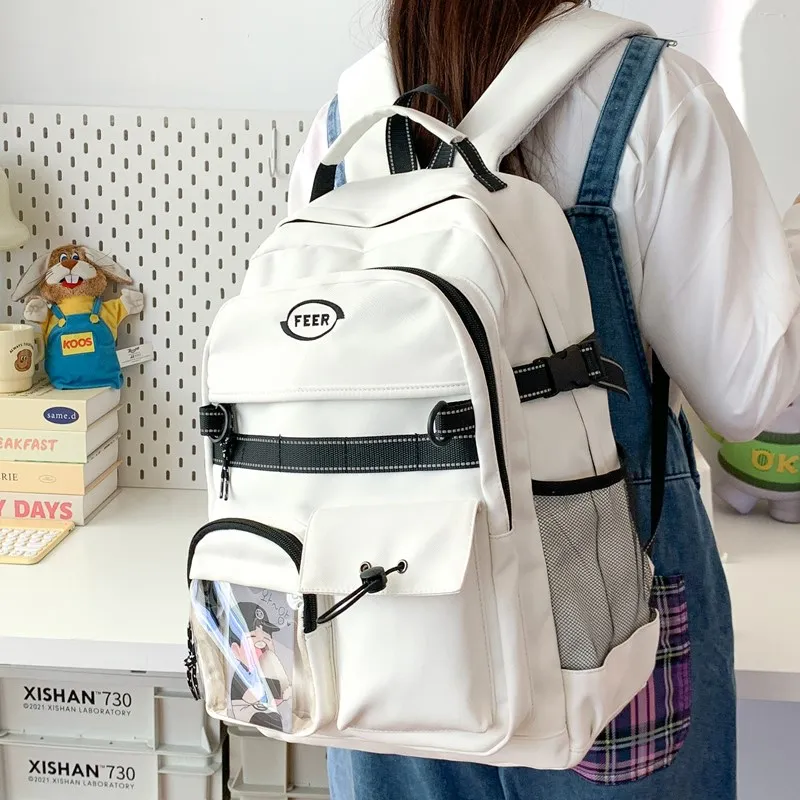 Single Warehouse Composite Cloth Backpack Unisex White/Black-4