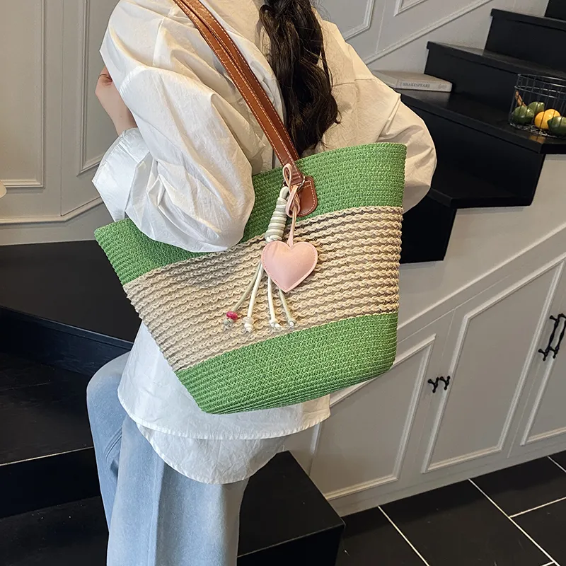 Single Warehouse Woven Tote Handbag, Shoulder Bag Regular Women's Khaki/Ecru/Pink/Green-21