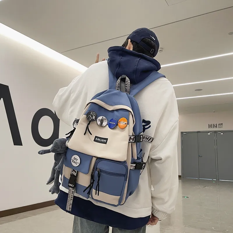 Single Warehouse Nylon Backpack Unisex Gray/Blue/Black & White/Black-10