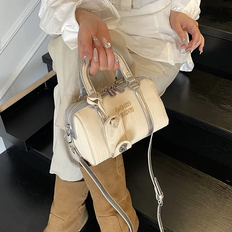Single Warehouse PU Boston Bag, Shoulder Bag, Crossbody Bag, Handbag Regular Women's Beige-5