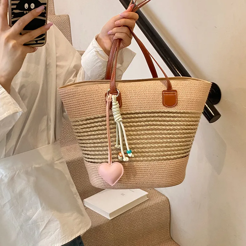 Single Warehouse Woven Tote Handbag, Shoulder Bag Regular Women's Khaki/Ecru/Pink/Green-15