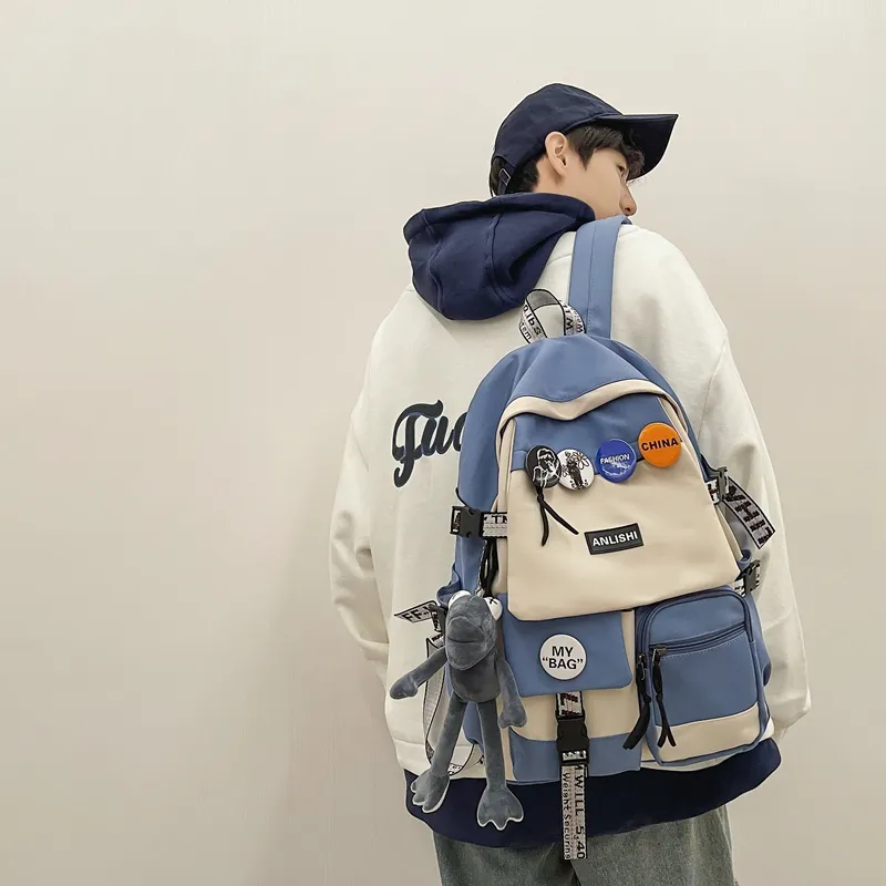 Single Warehouse Nylon Backpack Unisex Gray/Blue/Black & White/Black-13