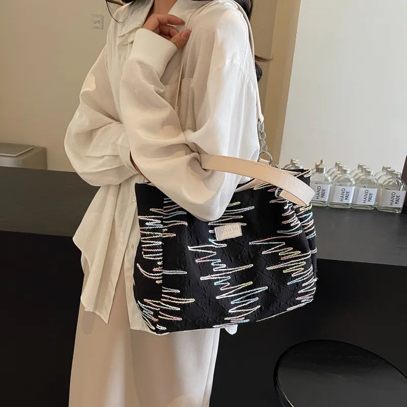 Single Warehouse Fabric Shoulder Bag Tote Women's Ecru/Pink/Black-13