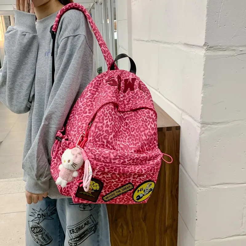 Single Warehouse Composite Cloth Backpack Women's Black/Rose Red/Emerald Green/Black Leopard Print-3