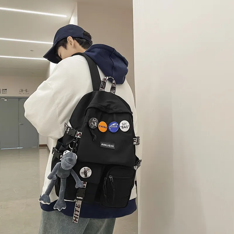 Single Warehouse Nylon Backpack Unisex Gray/Blue/Black & White/Black-22