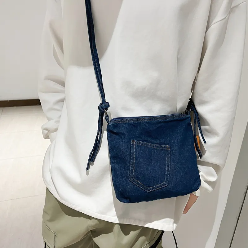 Single Warehouse Denim Shoulder Bag Medium Size Unisex Light Blue/Dark Blue-12