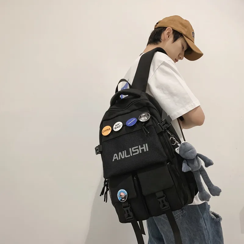 Single Warehouse Nylon Backpack Unisex Black/White/Blue/Gray-15