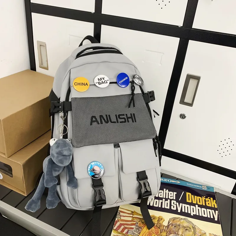 Single Warehouse Nylon Backpack Unisex Black/White/Blue/Gray-13