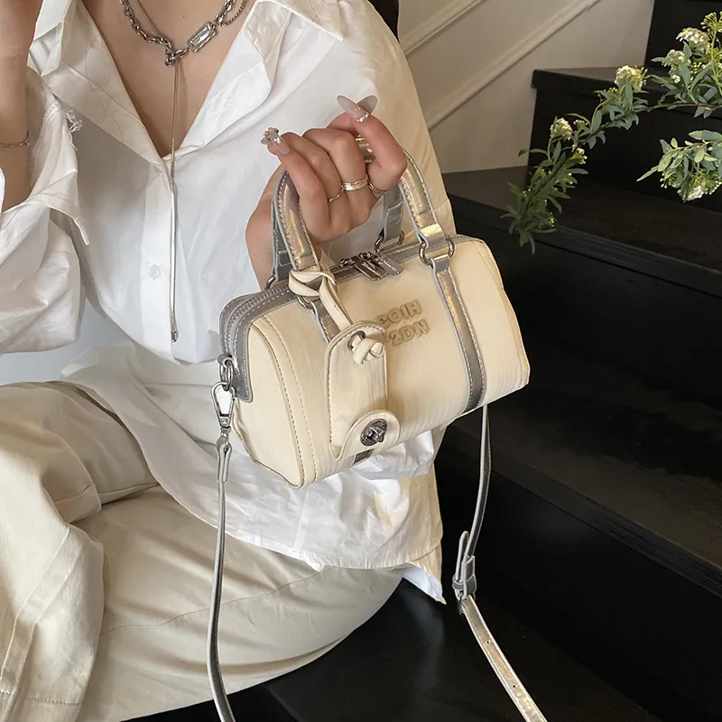 Single Warehouse PU Boston Bag, Shoulder Bag, Crossbody Bag, Handbag Regular Women's Beige-7