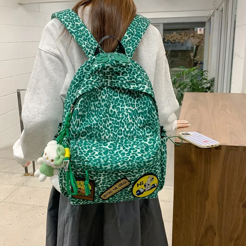 Single Warehouse Composite Cloth Backpack Women's Black/Rose Red/Emerald Green/Black Leopard Print-13