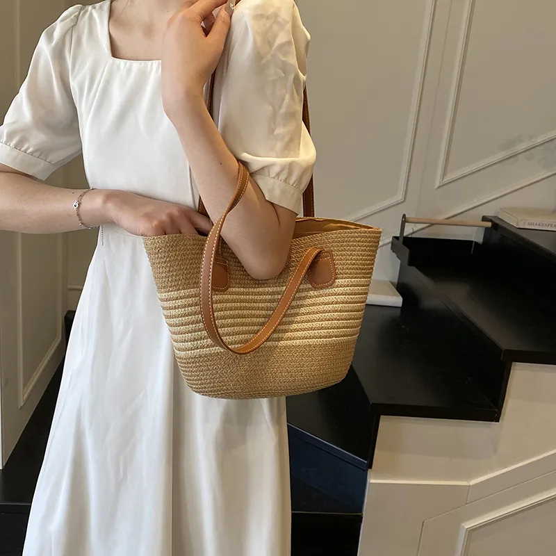 Single Warehouse PU With Straw Woven Shoulder Bag Regular Women's Ecru/Khaki/Khaki & Black-7