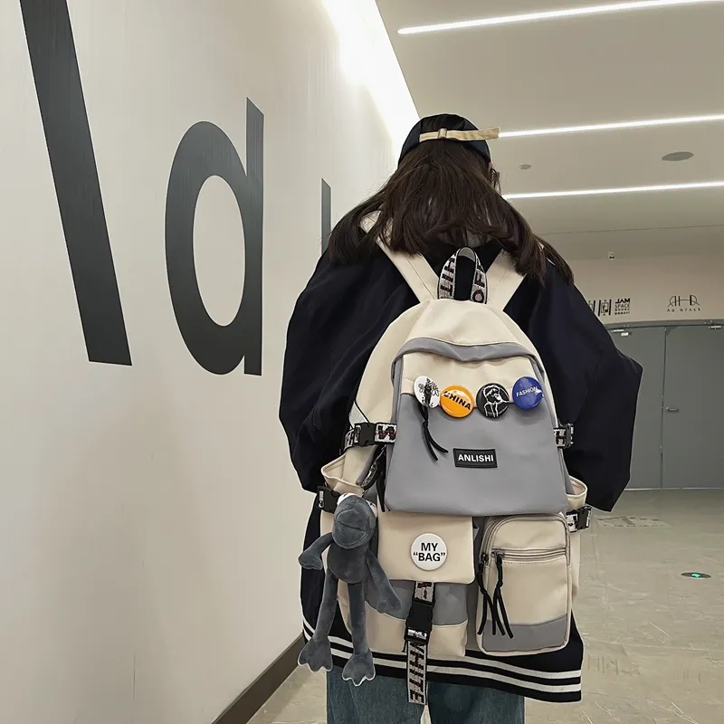 Single Warehouse Nylon Backpack Unisex Gray/Blue/Black & White/Black-3