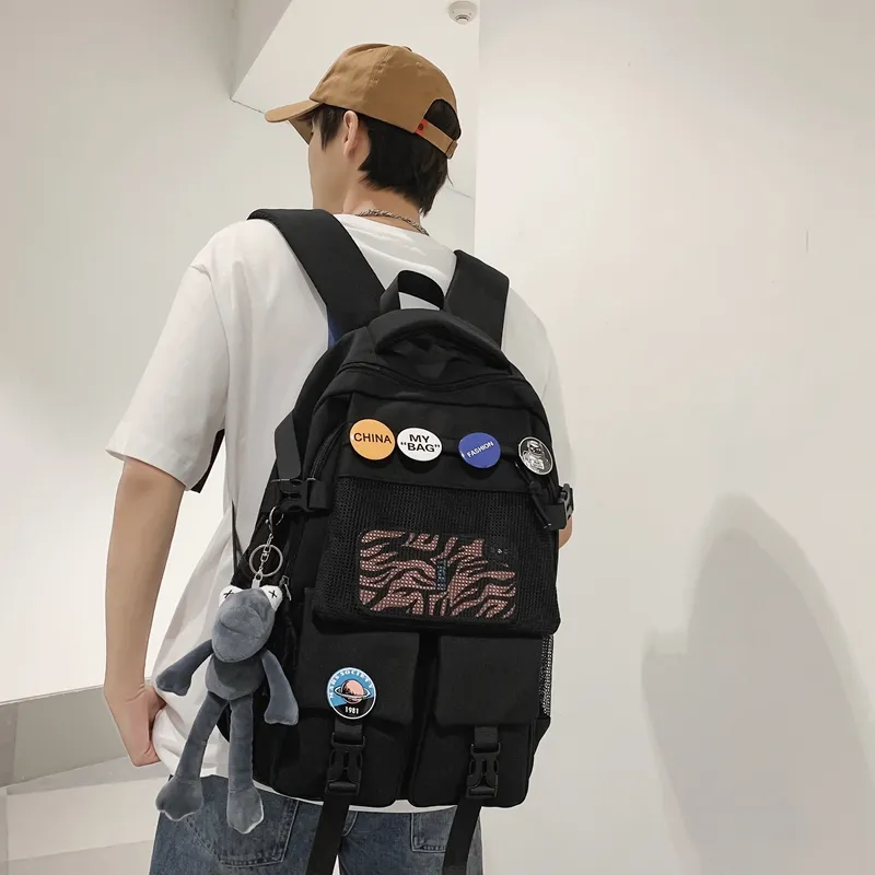 Single Warehouse Nylon Backpack Unisex Black/White/Blue/Gray-18