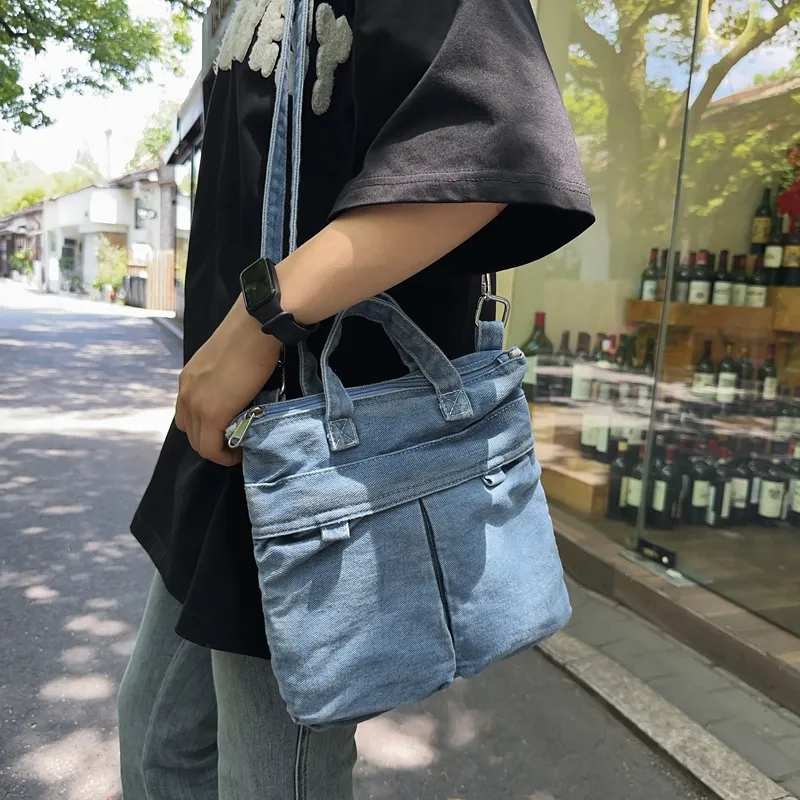 Single Warehouse Denim Crossbody Handbag Unisex Light Blue/Dark Blue-2