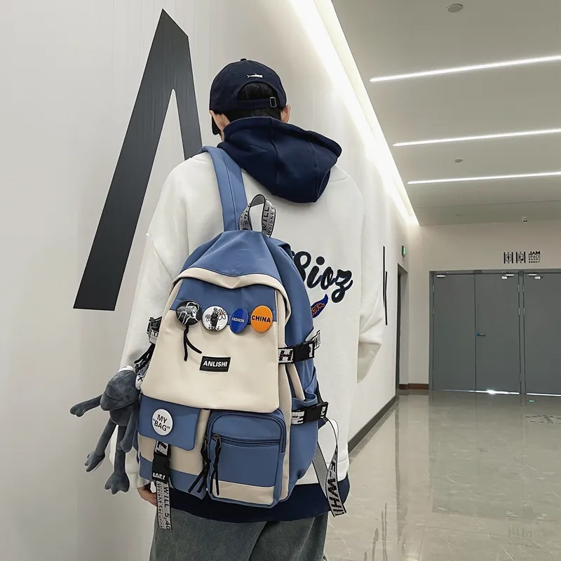 Single Warehouse Nylon Backpack Unisex Gray/Blue/Black & White/Black-11