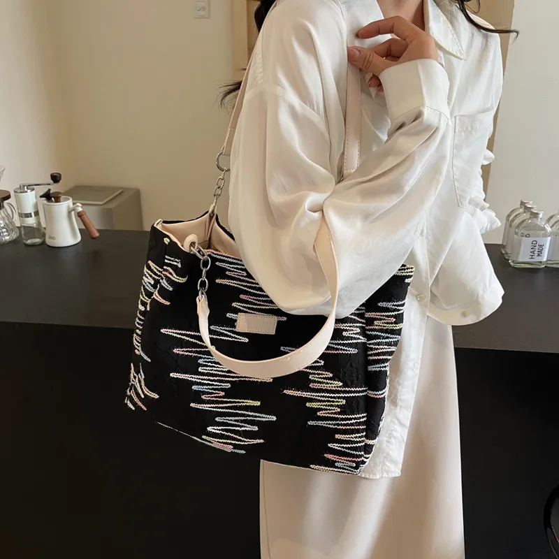 Single Warehouse Fabric Shoulder Bag Tote Women's Ecru/Pink/Black-16