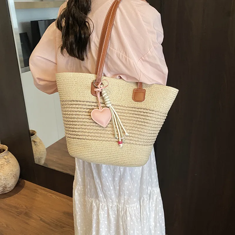 Single Warehouse Woven Tote Handbag, Shoulder Bag Regular Women's Khaki/Ecru/Pink/Green-4