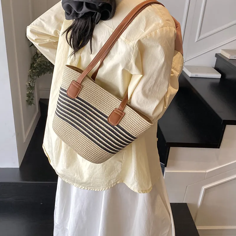 Single Warehouse PU With Straw Woven Shoulder Bag Regular Women's Ecru/Khaki/Khaki & Black-3