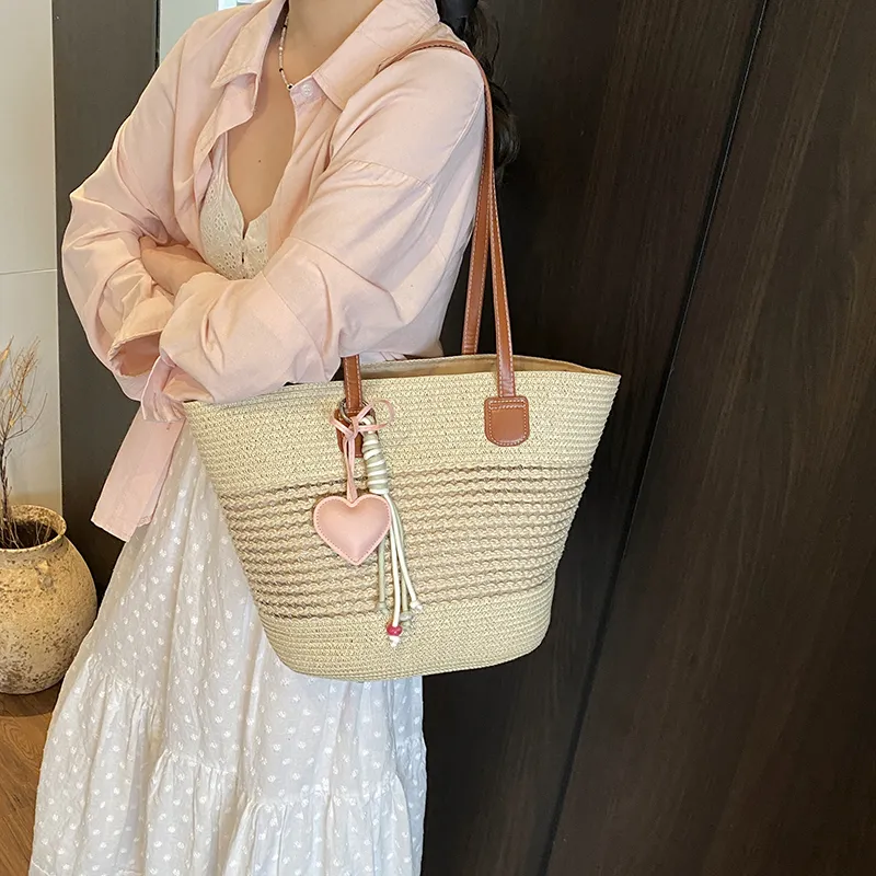 Single Warehouse Woven Tote Handbag, Shoulder Bag Regular Women's Khaki/Ecru/Pink/Green-1
