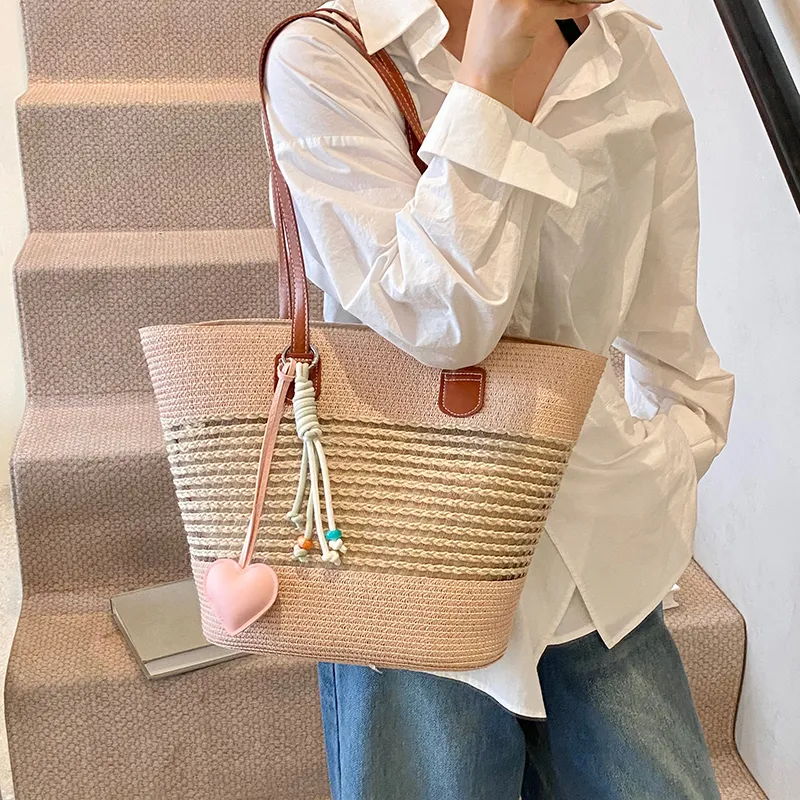 Single Warehouse Woven Tote Handbag, Shoulder Bag Regular Women's Khaki/Ecru/Pink/Green-19