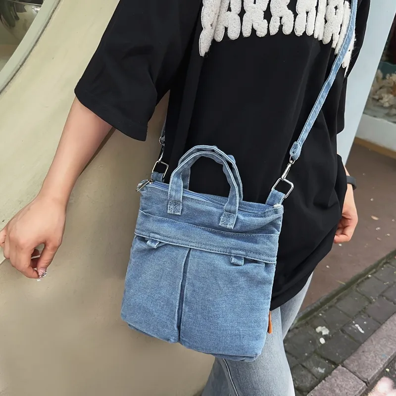 Single Warehouse Denim Crossbody Handbag Unisex Light Blue/Dark Blue-3