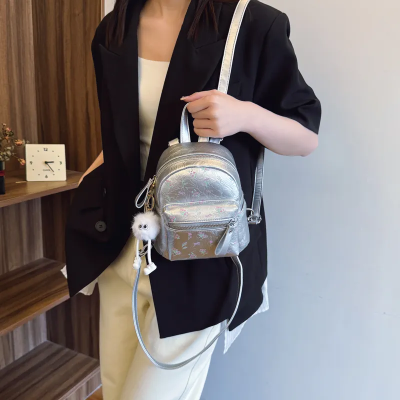 Single Warehouse PU Backpack Women's White/Silver/Black-15