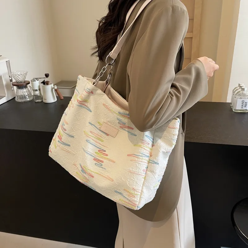 Single Warehouse Fabric Shoulder Bag Tote Women's Ecru/Pink/Black-4
