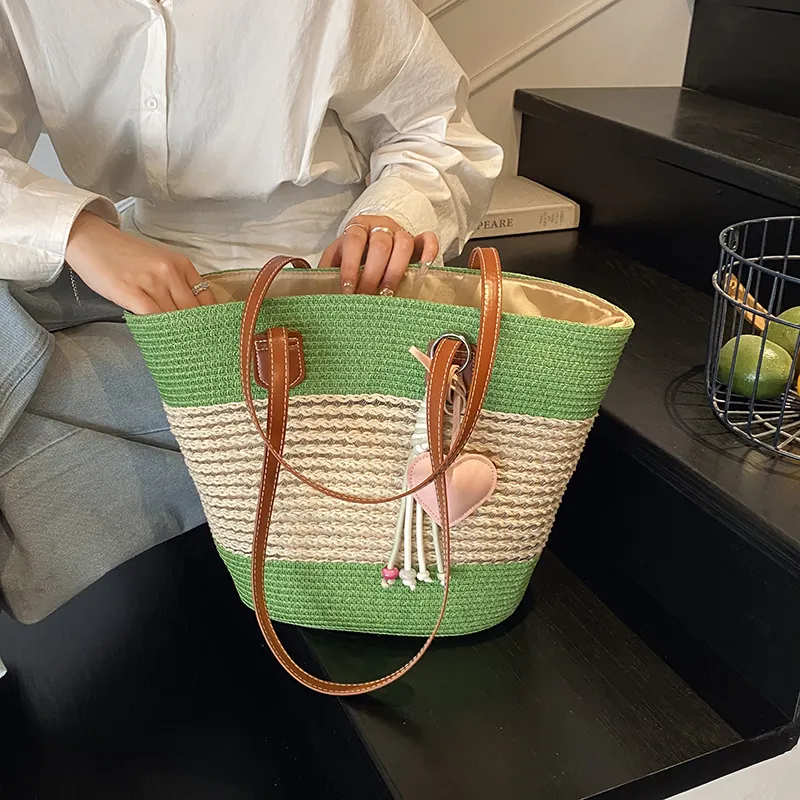 Single Warehouse Woven Tote Handbag, Shoulder Bag Regular Women's Khaki/Ecru/Pink/Green-25