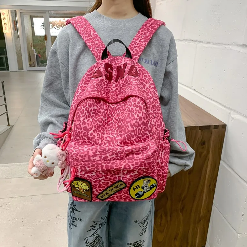 Single Warehouse Composite Cloth Backpack Women's Black/Rose Red/Emerald Green/Black Leopard Print-5