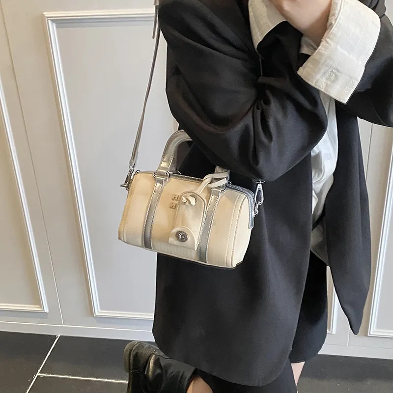 Single Warehouse PU Boston Bag, Shoulder Bag, Crossbody Bag, Handbag Regular Women's Beige-3
