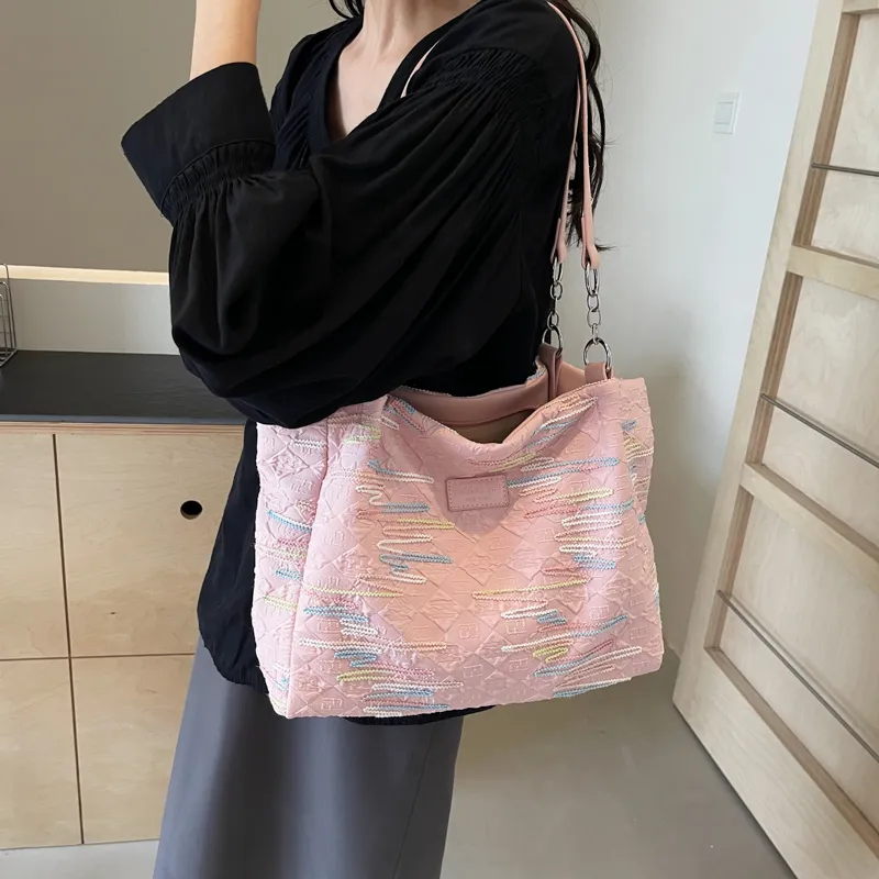Single Warehouse Fabric Shoulder Bag Tote Women's Ecru/Pink/Black-8