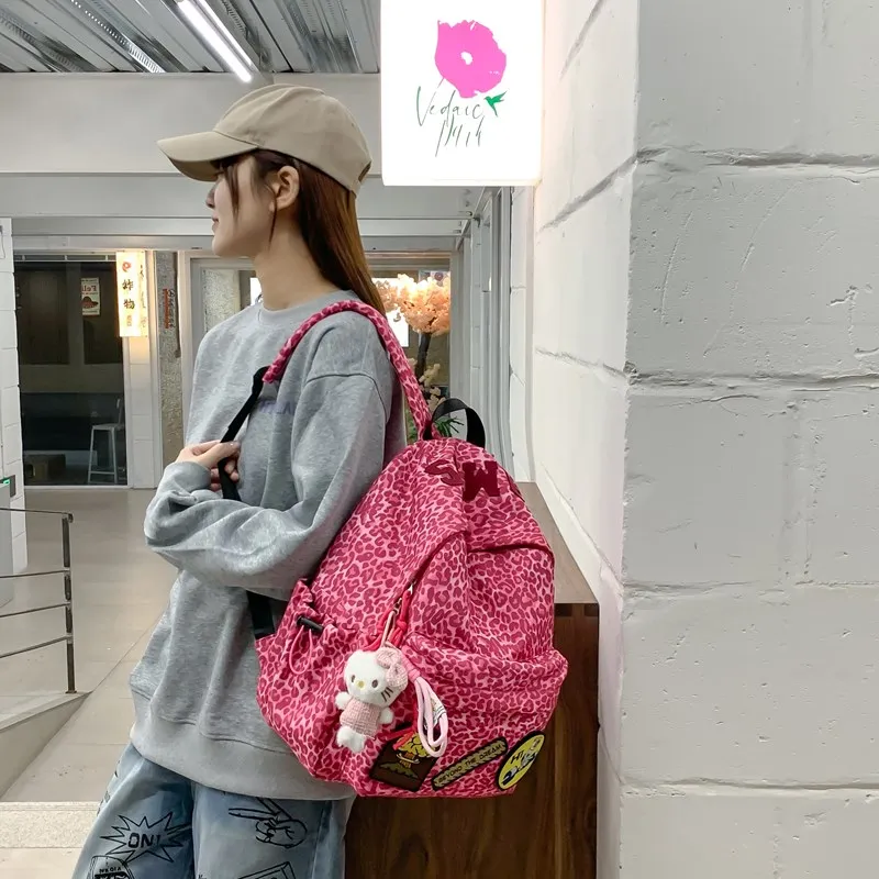 Single Warehouse Composite Cloth Backpack Women's Black/Rose Red/Emerald Green/Black Leopard Print-4