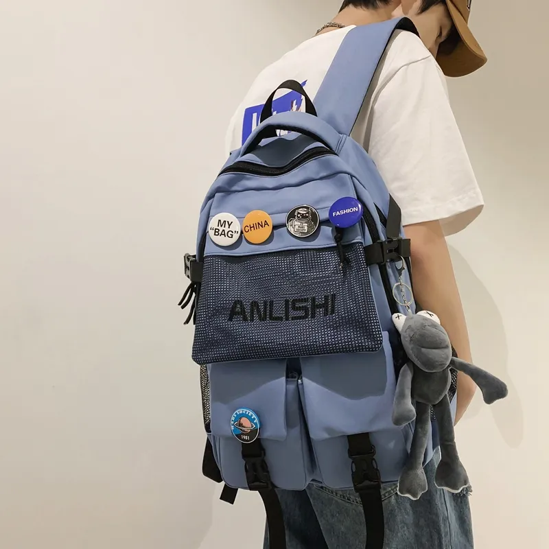 Single Warehouse Nylon Backpack Unisex Black/White/Blue/Gray-11