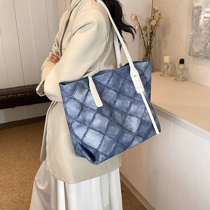 Single Warehouse PU Tote Bag, Shopping Bag, Shoulder Bag Women's Black/Light Blue/Pink/Dark Blue-16