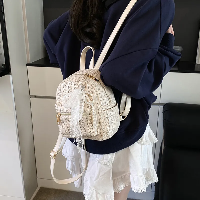 Single Warehouse PU Straw Woven Backpack Women's Ecru/Khaki-4