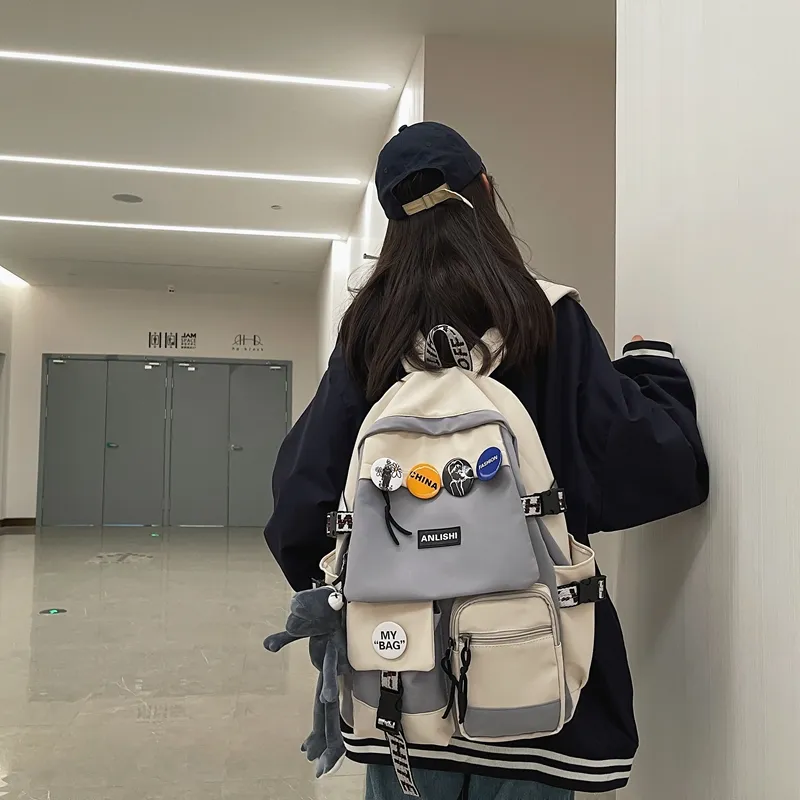 Single Warehouse Nylon Backpack Unisex Gray/Blue/Black & White/Black-6