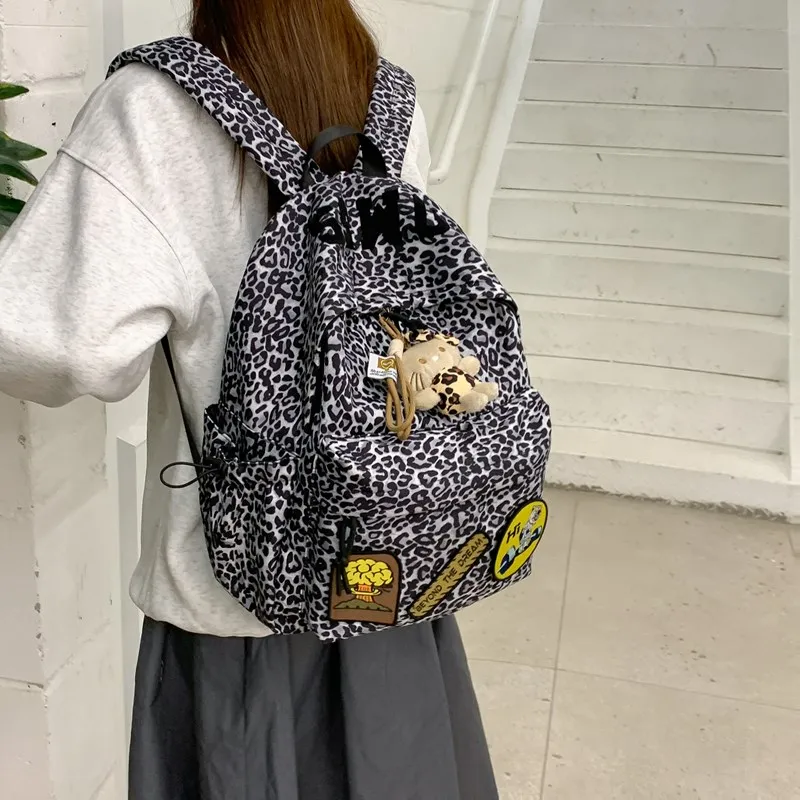 Single Warehouse Composite Cloth Backpack Women's Black/Rose Red/Emerald Green/Black Leopard Print-15