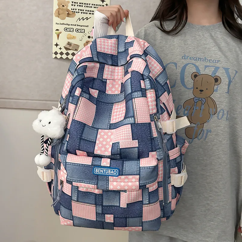 Single Warehouse Denim Backpack Travel Bag Regular Women's Pink/Dark Brown/Blue-6