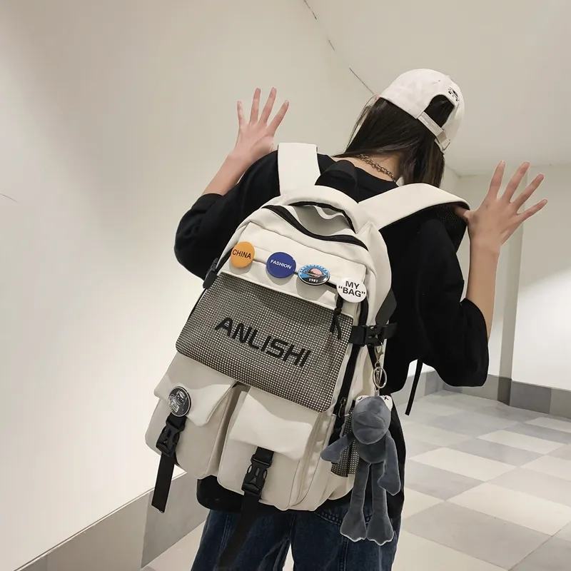 Single Warehouse Nylon Backpack Unisex Black/White/Blue/Gray-4